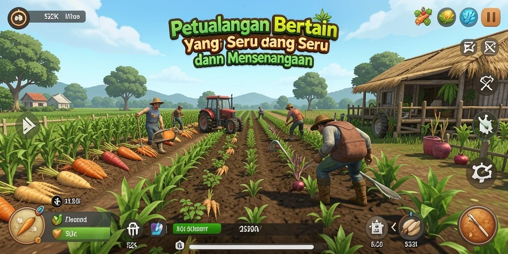 Tampilan gameplay 5ZK dengan ladang yang subur dan tanaman yang beragam.