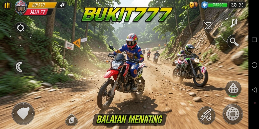Gameplay seru BUKIT777 dengan balapan motor di trek menantang.