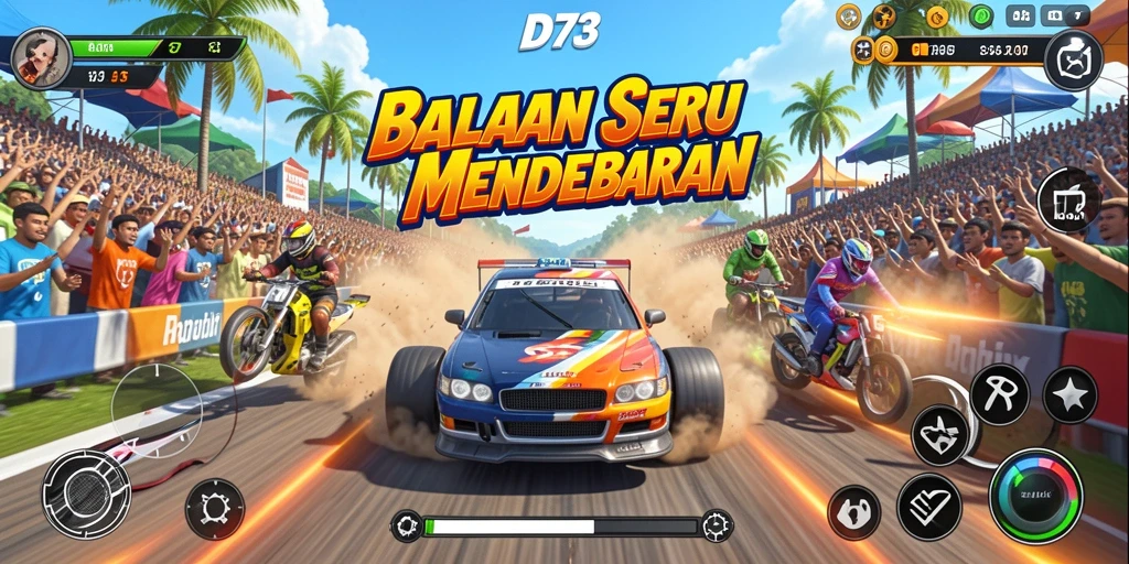 Tampilan aksi balapan mendebarkan dalam D73 dengan grafis menawan.