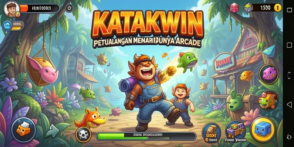 Tangkapan layar KATAKWIN menunjukkan karakter melompat di level yang penuh warna.