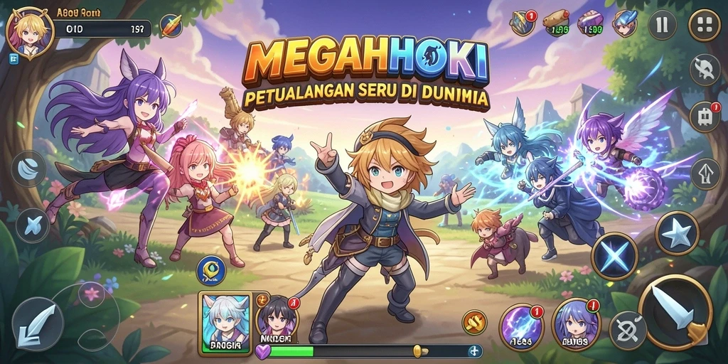 Tangkapan layar utama MEGAHOKI menampilkan aksi seru di dunia anime.