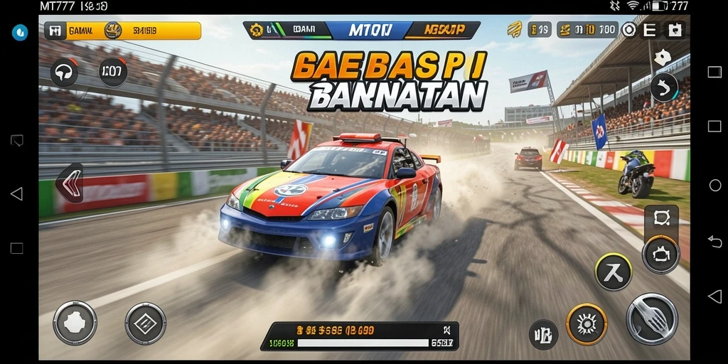Tangkapan layar gameplay MT777 yang menunjukkan aksi balap yang mendebarkan.