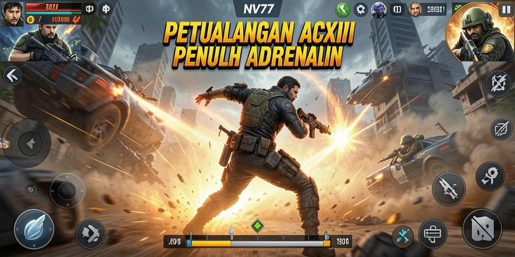 Screenshot gameplay NV77 menampilkan aksi menegangkan dan karakter keren.