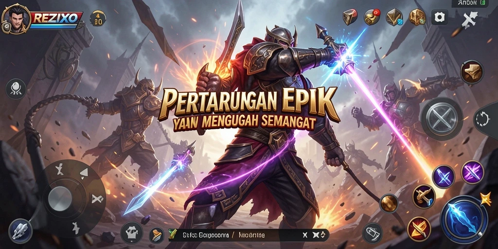 Screenshot utama REZIXO menunjukkan pertarungan seru dengan karakter beragam.
