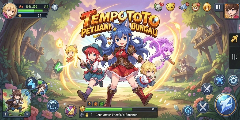 Tampilan gameplay TEMPOTOTO yang epik dan penuh warna.