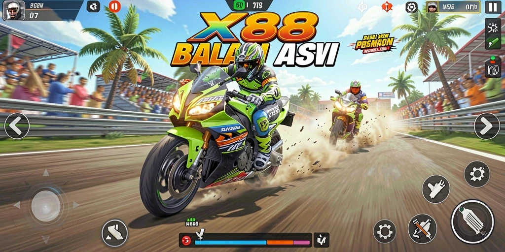 Screenshot X88 menunjukkan aksi balapan motor yang mendebarkan.